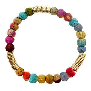 Fair Trade Small Beads Brass Discs Stretch Bracelet Upcycled Kantha Handmade NWT
